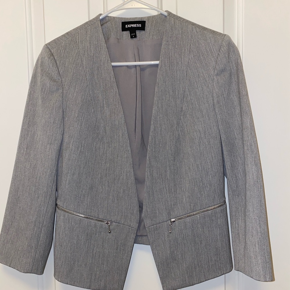 Express Women's Tailored Open-Front Gray Blazer with Zip Pockets